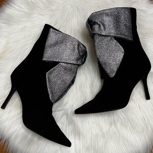 $890 | Domenico Vacca Black Suede Stiletto Glitter Bow Heel Boots sz. 10